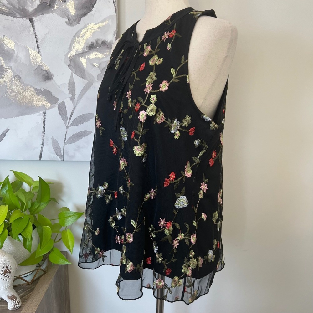 Black Embroidered Floral Mesh Top Tie Neck Dark Romantic Fairy Boho Whimsigoth - Picture 2 of 8